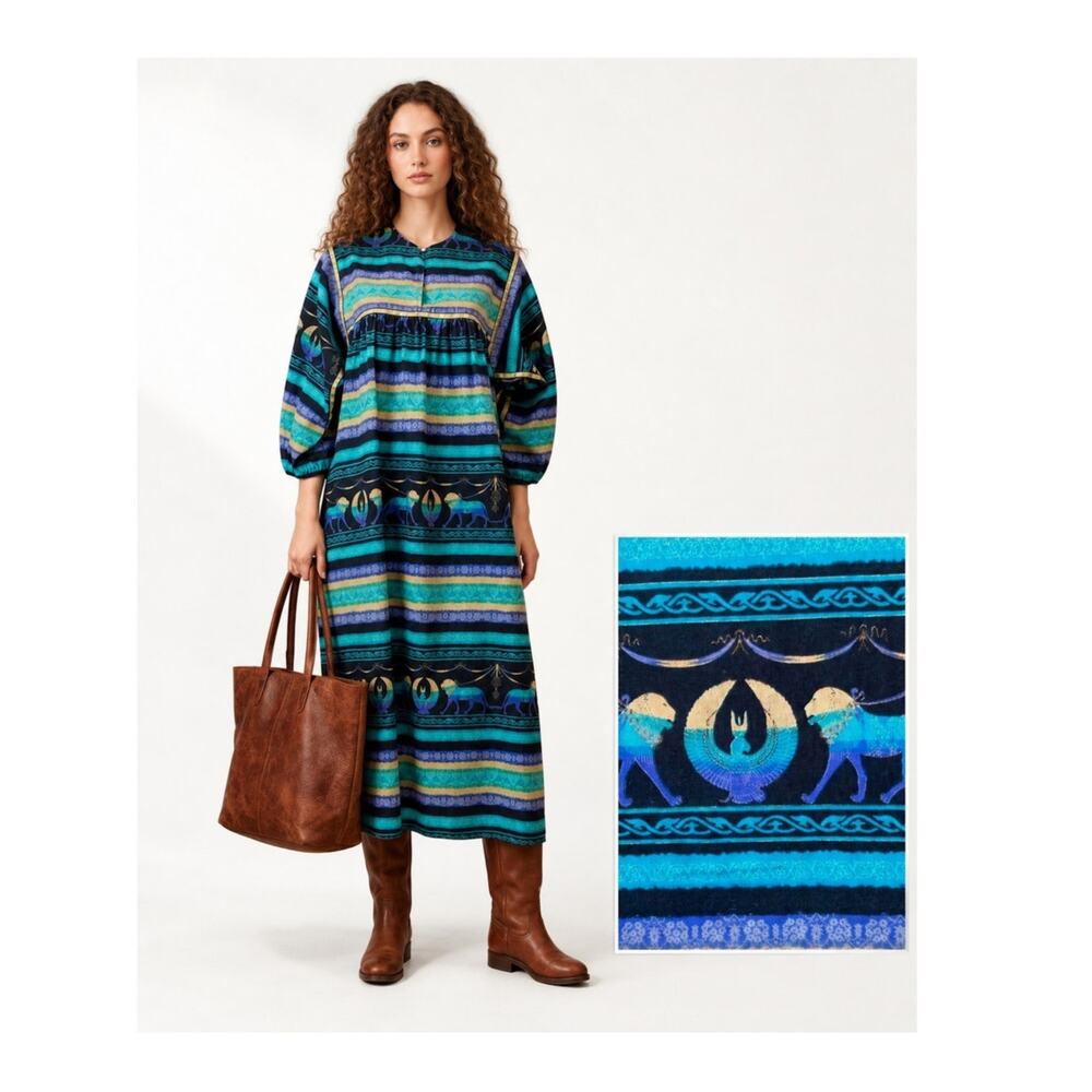 70s 80s Krist Gudnason California Egypt Print MuuMuu Maxi Dress | Blue Gold